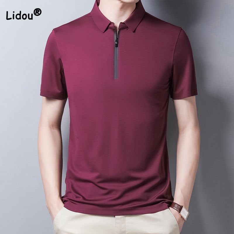Summer Men Solid Streetwear Fashion T-Shirts Zipper Stand Collar Short Sleeve Korean Male Clothes Loose Casual Quick Dry Tops