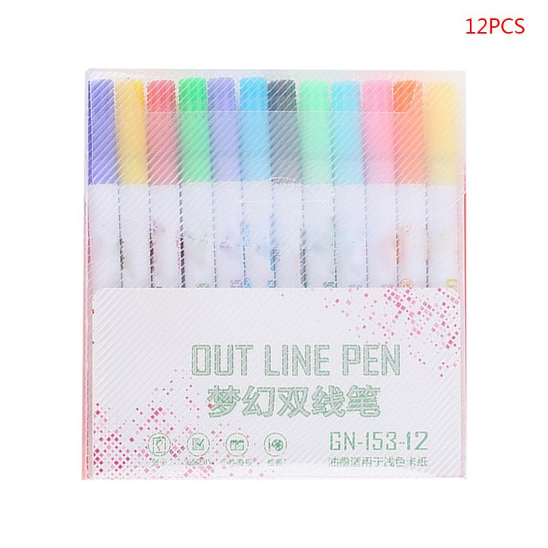 12 Pcs Double Line Outline Pen Drawing Highlighter Dream Color Fluorescent Marker Office School Supply Kids Students Gifts