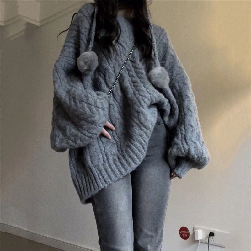 2023 New Arrival Autumn Women Loose Casual Long Sleeve V-neck Pullover All-matched Thickening Warmth Knitted Sweater D140