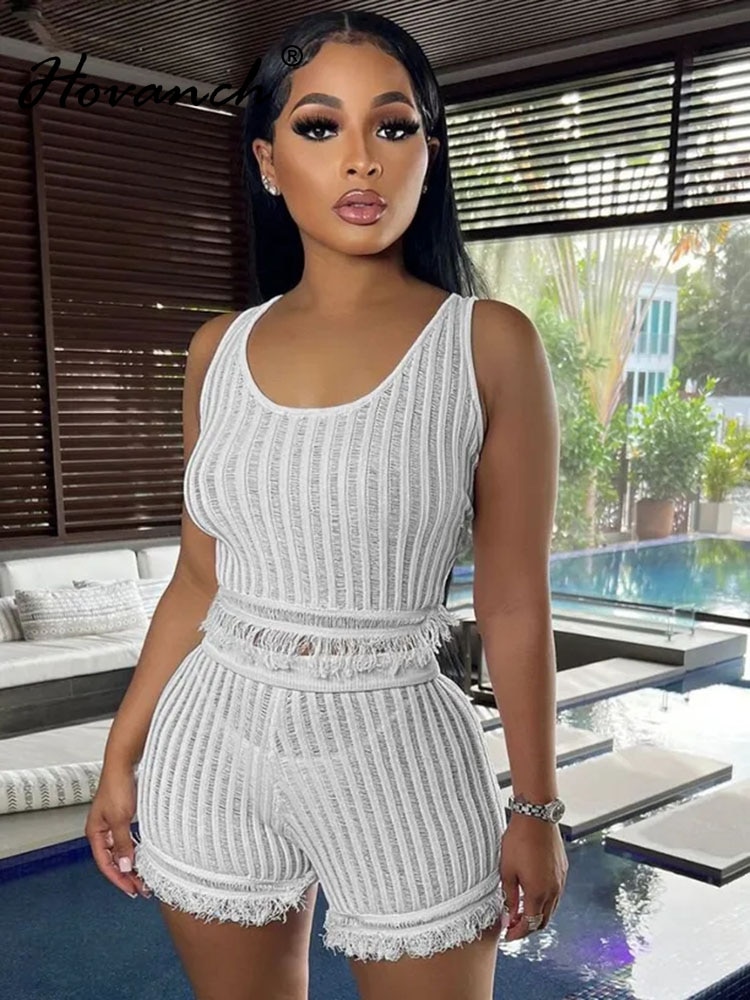 Hovanch Solid Color Shorts Two-Piece Women's Sexy Thin Shoulder Belt Tassel Top With Shorts Two-Piece 2023 Sexy Street Clot