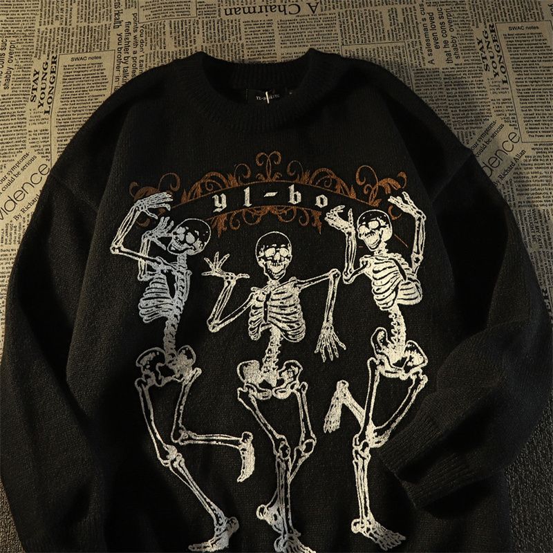 Retro Dark Skull Pullover Sweater y2k 2023 European and American Men's Autumn and Winter Loose Trendy Lazy Knitted clothes