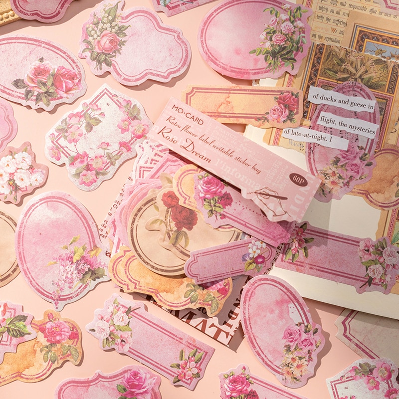 60Pcs Sticker Sill Garden label retro art hand account collage material decorative sticker flower Vintage Flower Diary Journal