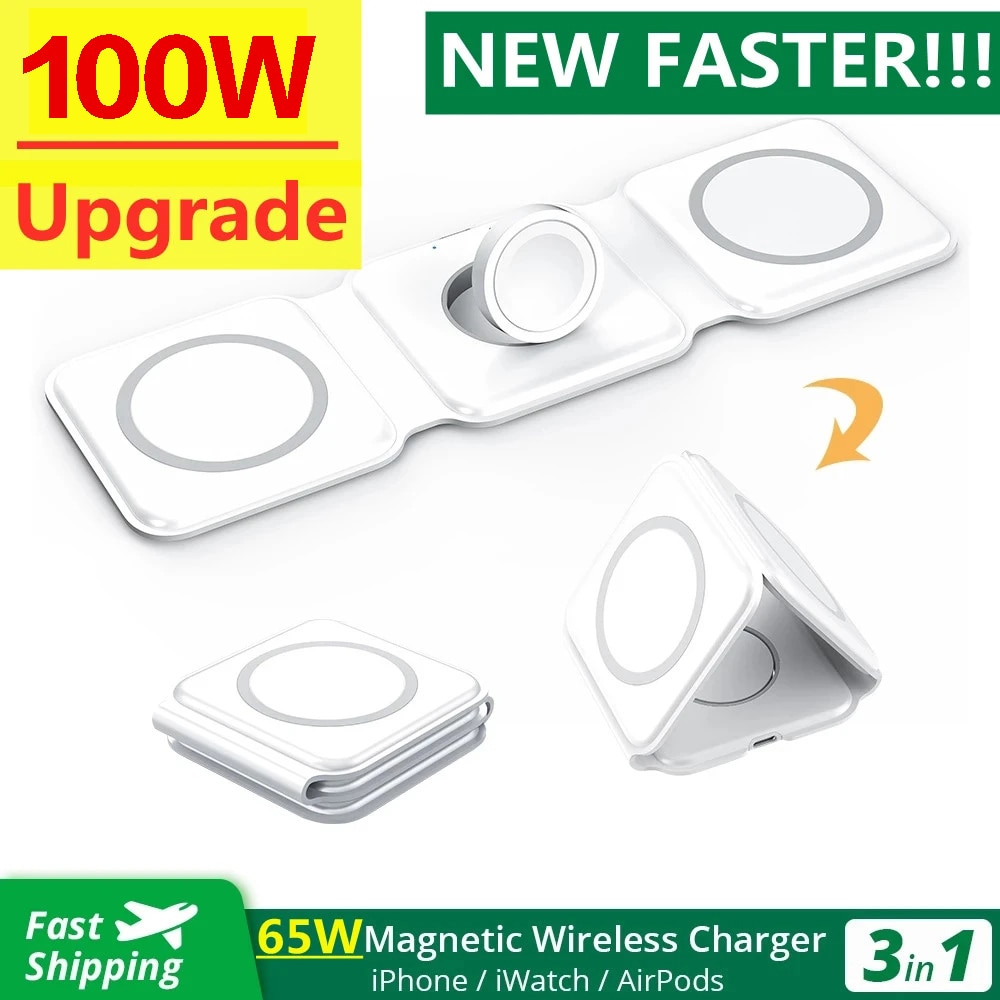 100W 3 in 1 Magnetic Wireless Charger Pad Stand for iPhone 14 13 12 8Pro Max Airpods iWatch Fast Wireless Charging Dock Station