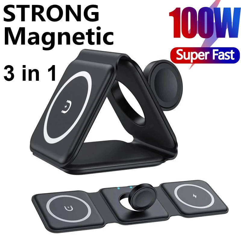 100W 3 in 1 Magnetic Portable Wireless Charger Pad for iPhone 14 13 12 Pro Max Apple Watch AirPods Fast Charging Dock Station