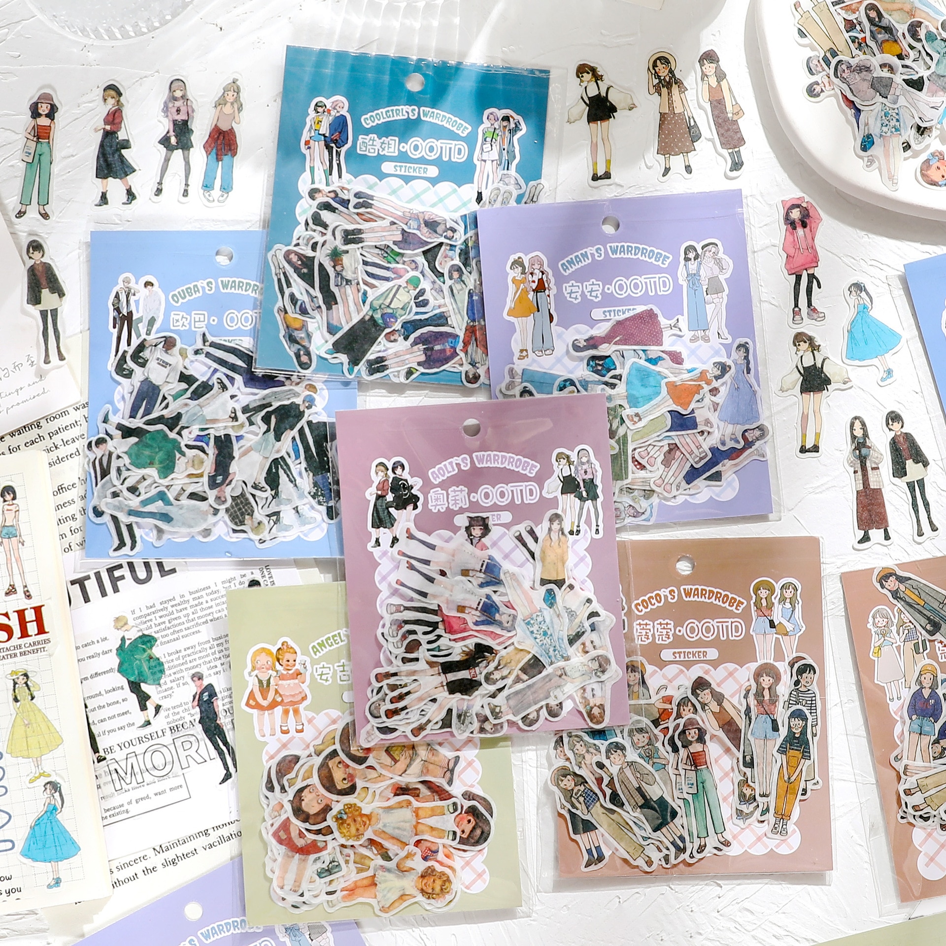 MOHAMM 40pcs Characters Wear Stickers Cute Cartoon Creative Washi Paper Material Paper