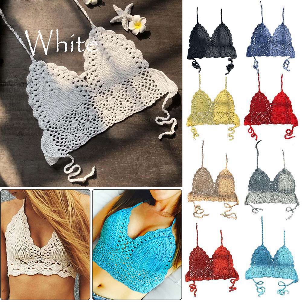 Sexy Women Bikini Crop Top Crochet Bohemia Beach Bikini Bralette Halter Cami Knitted Bra Tank Top Cloth Accessories