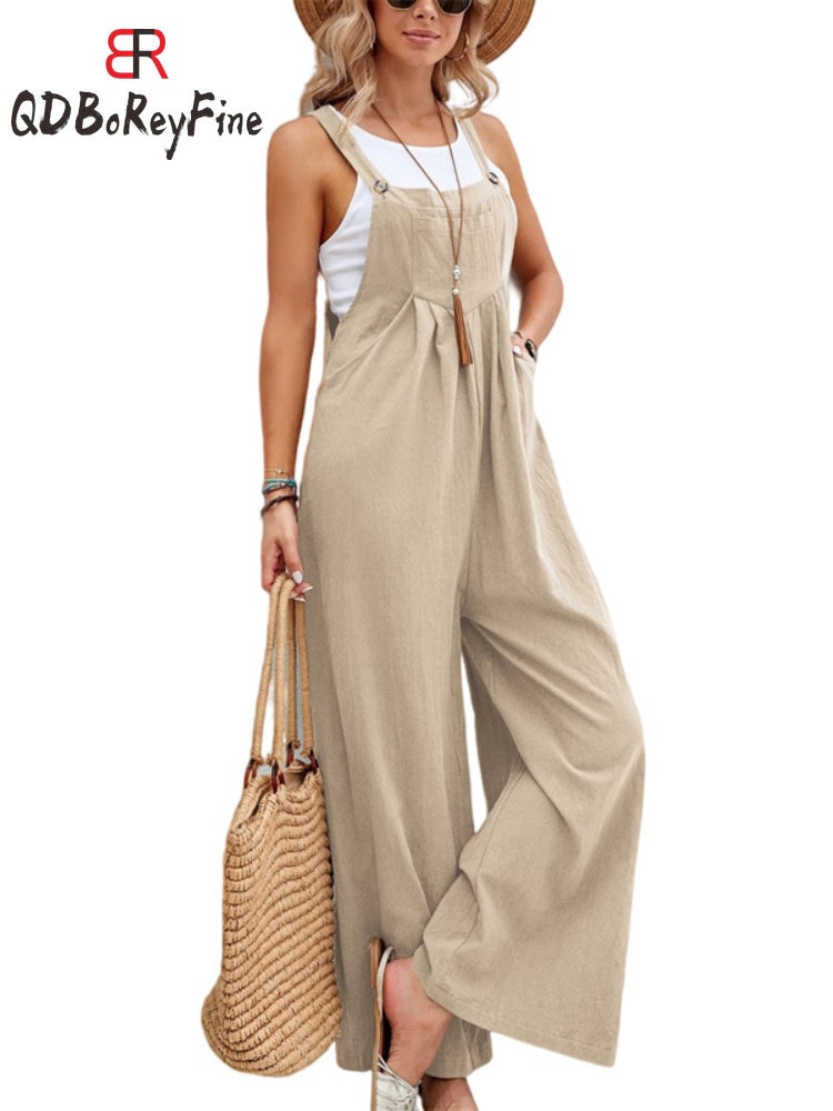 2023 Spring Summer Elegant Streetwear Wide Leg Overalls Women Cotton Pockets Casual Oversize Suspender Long Jumpsuits for Women
