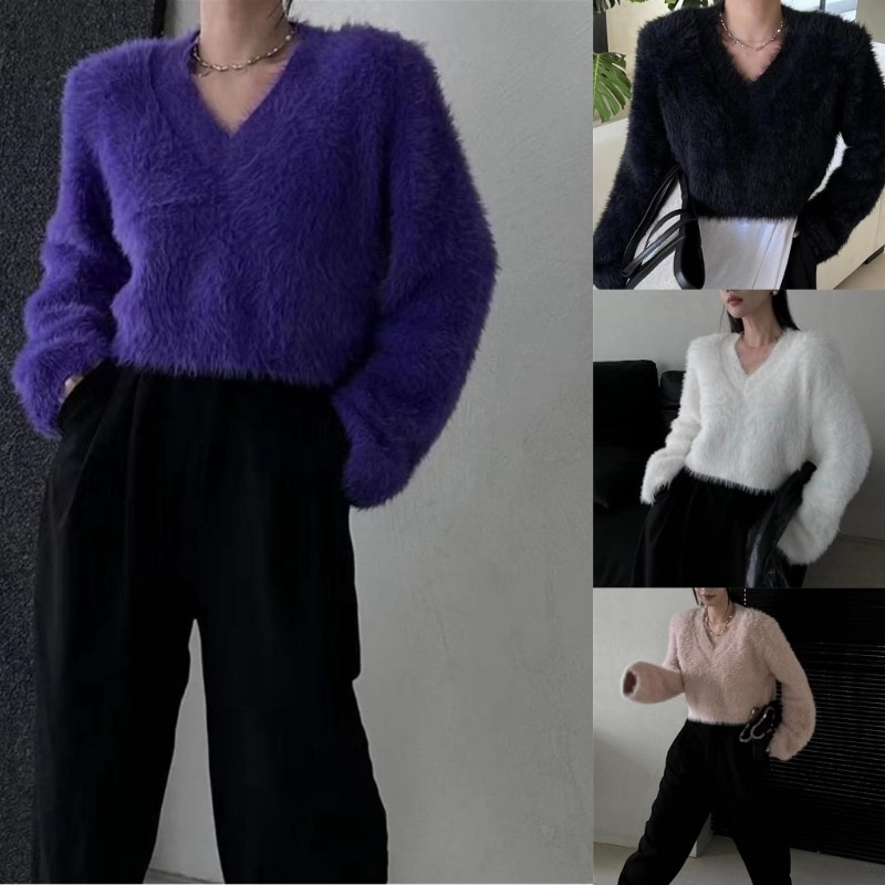Women Fashion Fluffy Warm Long Sleeve Crop Top Solid Color V-Neck Loose Sweater Drop Shipping
