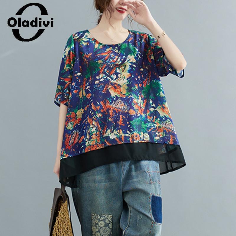 Oladivi Casual Loose Fashion Print Blosues 2023 Summer New Short Sleeve Oversized Shirts Vintage Ladies Big Top Tunics 5XL 1741