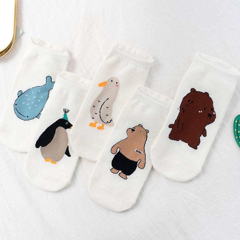 1 pair cute funny animal floor socks funny kawaii bear penguin comfortable women's boat socks spring summer leisure sports 