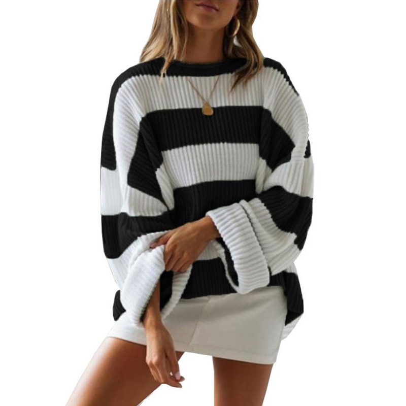 Fashion Striped Sweaters Women Autumn Winter Long Sleeve Knitted Pullovers Round Neck Black White Tops sueter mujer invierno XL