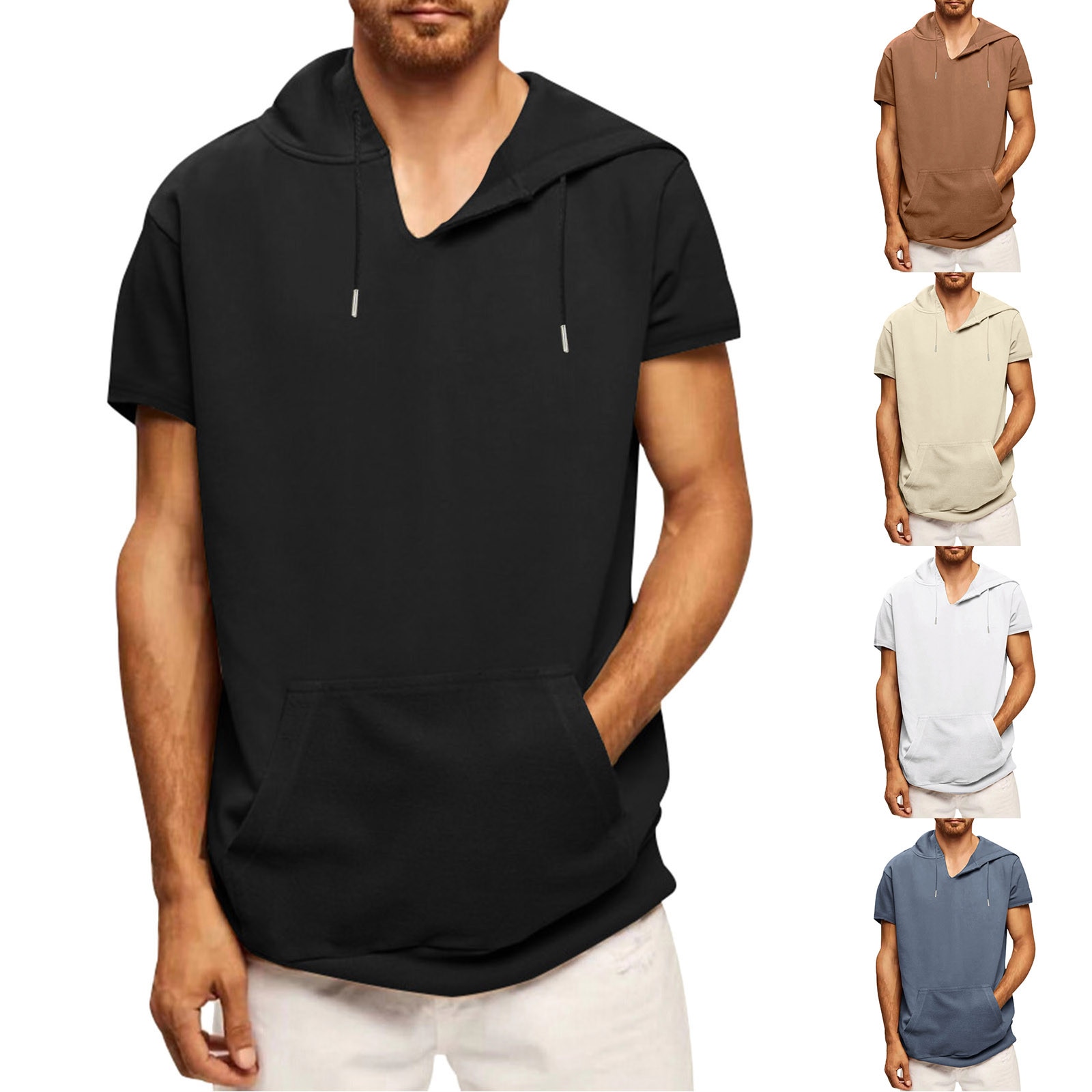 Mens Pullover Sports Casual Hooded Vest Loose Short Sleeve T Shirt handsome