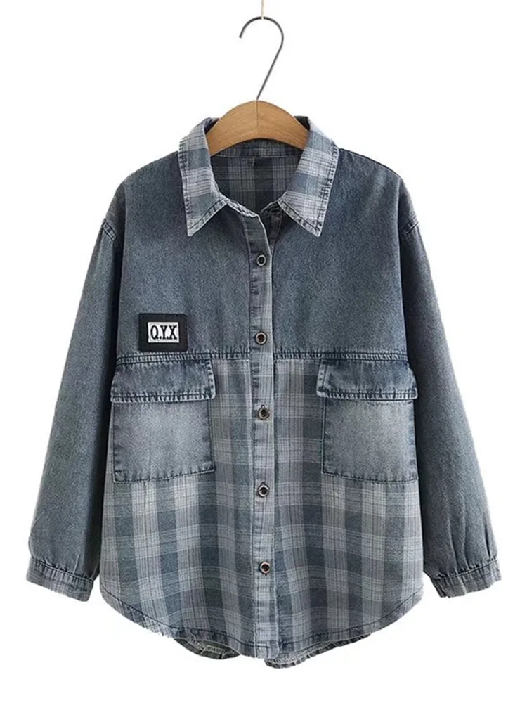 Plus Size Women's Denim Shirt Spring And Autumn Thin Stitched Loose Denim Jacket Long Sleeve Shirt Suitable For Fat Ladies 