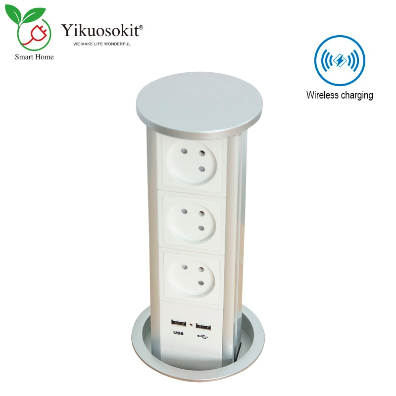 16A Aluminum Alloy Case Pneumatic Pop-Up Desktop Hidden Socket Wireless Charging 3 Israeli Power Plugs With 2 USB Ports