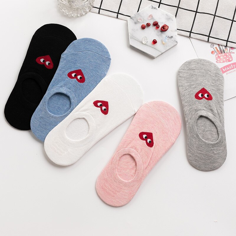 5 pairs Women Lovely Red Heart Cotton Spring Summer Cute No Show Non-slip Short Boat Socks Girl Female Soft Stripe Invisible Sox