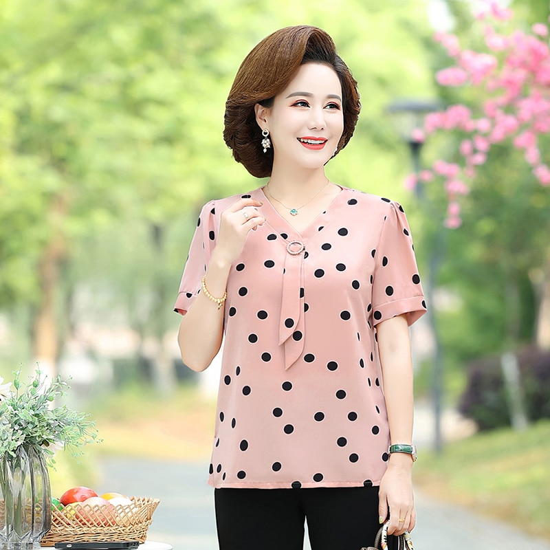 Womens Summer Shirts Chiffon Blusas Femininas OL Short Sleeve Pink Polka Dot Blouse Tops And Blouses WomenClothesMujer De Moda