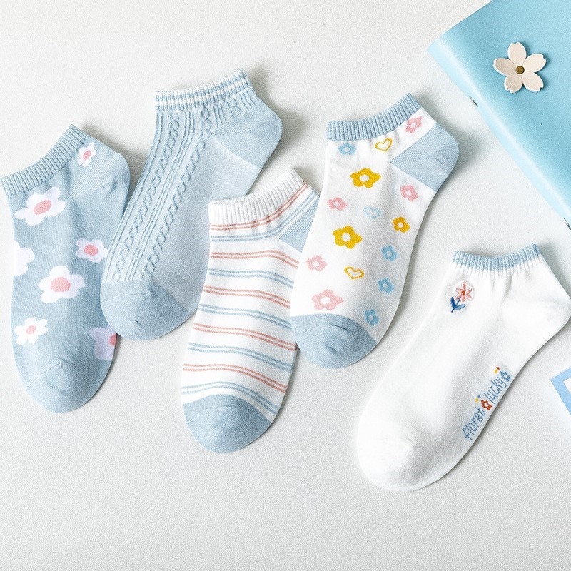 5 Pairs/lot Elegant Funny Cute Honney Women Blue Sky Short Female Low Cut Ankle Flowers Socks Summer Spring Girl Cotton Sox