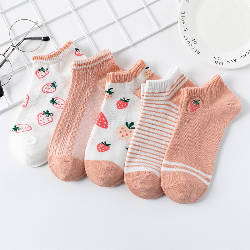 5 Pairs/lot Fashion Elegant Funny Cute Cotton Girls Pink Strawberry Short Female Low Cut Ankle Socks Summer Spring Women Sox