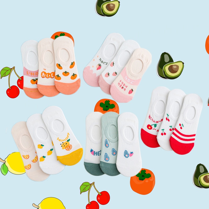 3 Pairs Korea Fashion Funny Lovely Fruits Strawberry Lemon Summer Students Girl Boat Socks Cotton Comfortable Kawaii Short Sox