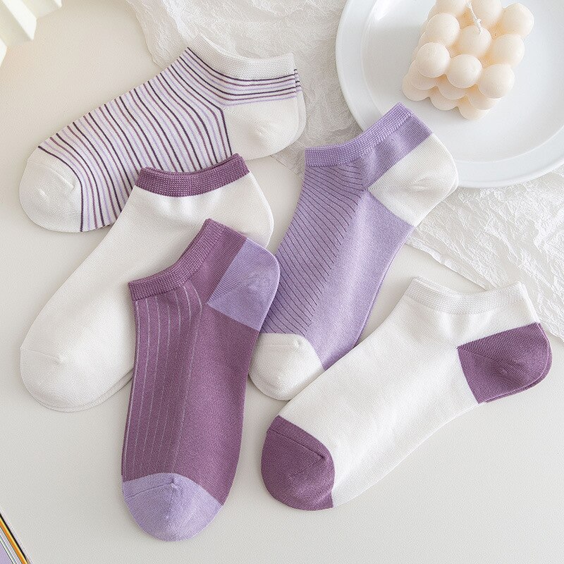 5 Pairs/lot Elegant Women Short Vintage Cotton Purple Girls Summer Harajuku Cute Ankle Socks Novelty Female Funny Happy Casual