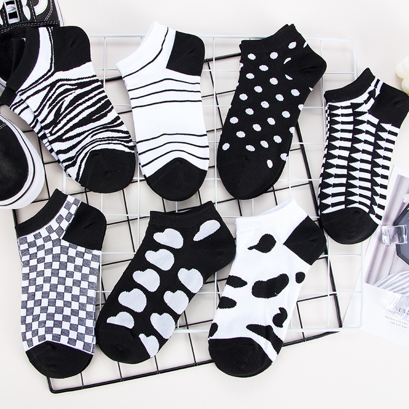 Women 100% Cotton Black and White Vintage Poker Street Cute Ankle Socks Funny Print Boat Short Sox Invisible Lady Girl Summer