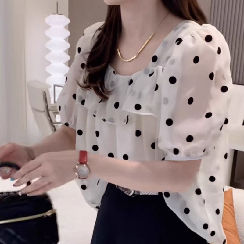 Blouses for Top Women Korean Fashion Summer Chic Chiffon Square Collar Polka Dot Shirts Elegant Backless Female Tops Blouse S-XL
