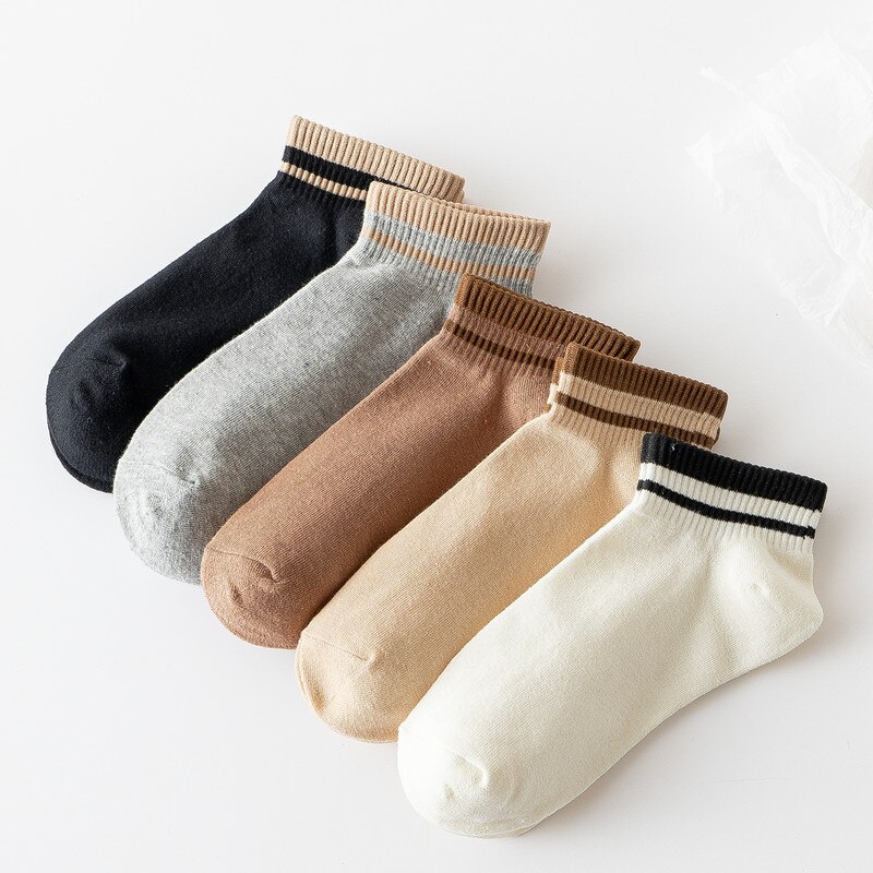 5 Pairs Elegant Solid Cotton khaki Socks Summer Spring Black White Vintage Student Girls Female Short Socks Low Cut Ankle