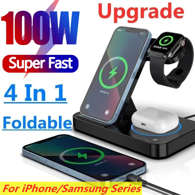 100W 4 in 1 Foldable Wireless Charging Station For iPhone 14 13Pro Apple Watch 7/6 For Samsung Galaxy Watch Chargers 4/3 S22 S21