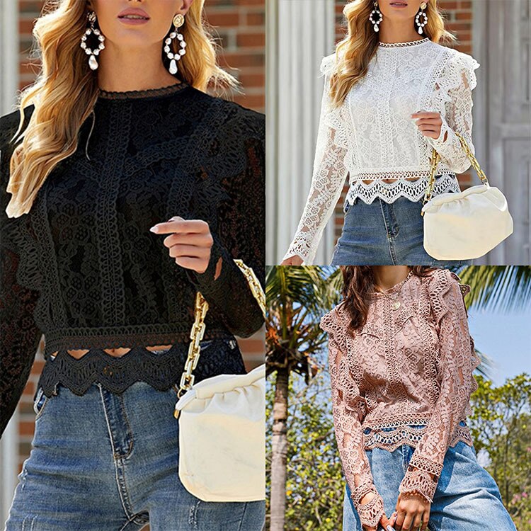 Women's Lace Blouse 2023 Summer Long Sleeve Hollow Out Shirt Vintage Cute Ruffle Sexy Top Solid Colour Elegant Ladies Stree