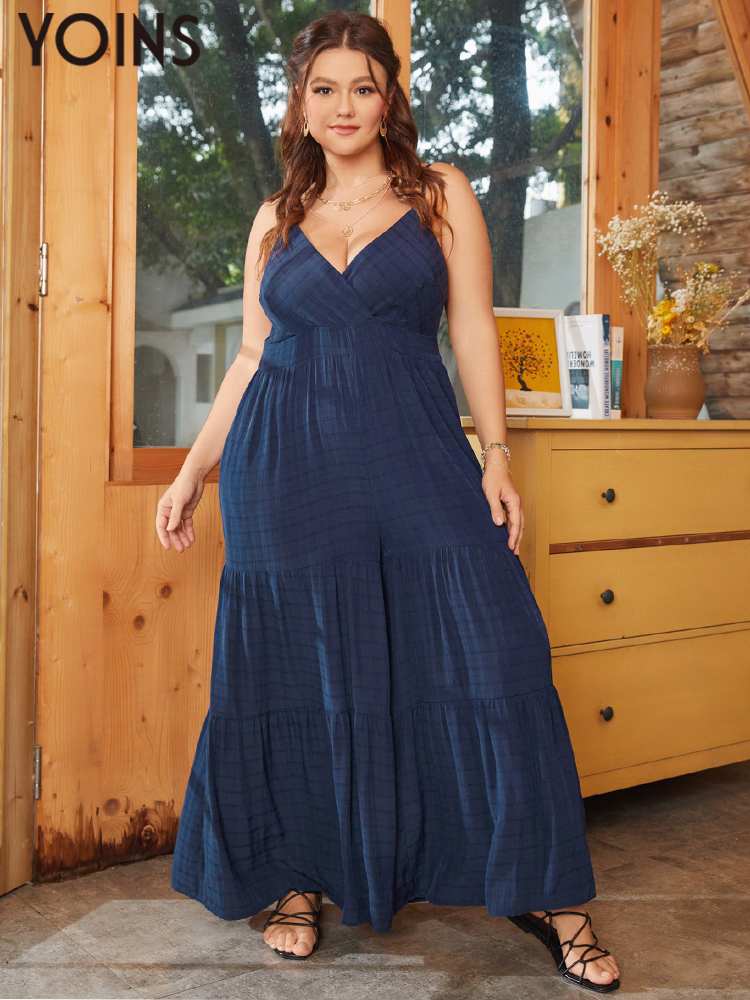 YOINS 2023 Summer Women Plus Size Jumpsuit Fashion Sleeveless Plaid Bohemian Adjustable Straps Wide Leg Playsuit Romper Overalls