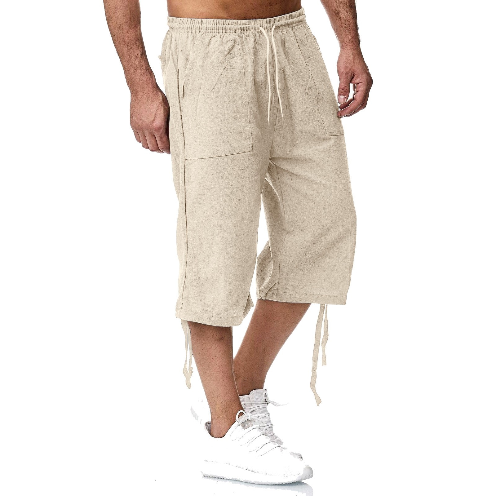 Men Cropped Trousers Summer Pants Baggy Loose Casual Side Drawstring Pants Elastic Waist Trousers Men'S Imitation Linen Pan