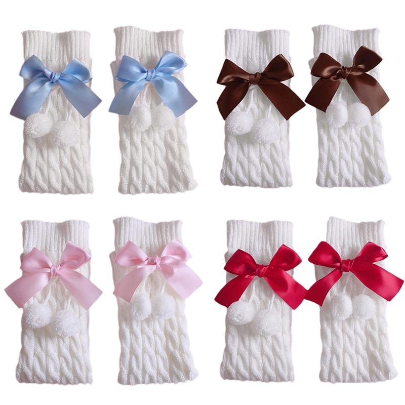 652F Japanese Preppy Style Women Girls Leg Warmers Sweet Bow Plush Ball Boot Cuffs Foot Cover Chunky Twist Cable Knitted
