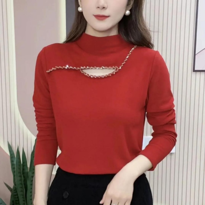 2023 half-high collar hollowed-out hot diamond solid backing long-sleeved pullover versatile autumn and winter sweater women