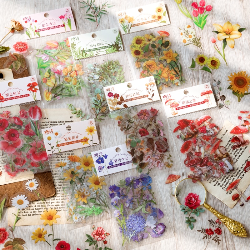 Card Lover 40 Pcs Plant Nature Series Retro Journal Stickers Scrapbooking PET Sticker Journaling Material Scrapbook Paper