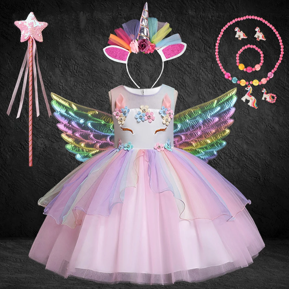 Summer Party Girls Unicorn Dress Festival Little Pony Flower Clothing for Girls Toddler Angel Rainbow Wings Necklace Fairy Stick