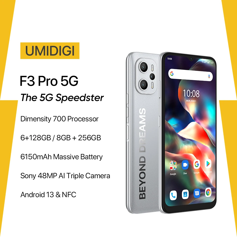 UMIDIGI F3 PRO 5G Phone, Android 13 Smartphone, Dimensity 700, 6.6" Display 8GB 256GB, 48MP Triple Camera, 6150mAh Mobile p