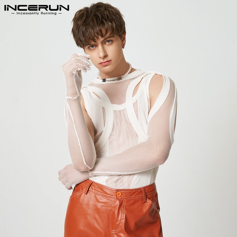 INCERUN Men Bodysuits Mesh Patchwork Transparent O-neck Long Sleeve Gloves Rompers Men Hollow Out 2023 Sexy Irregular Bodysuit