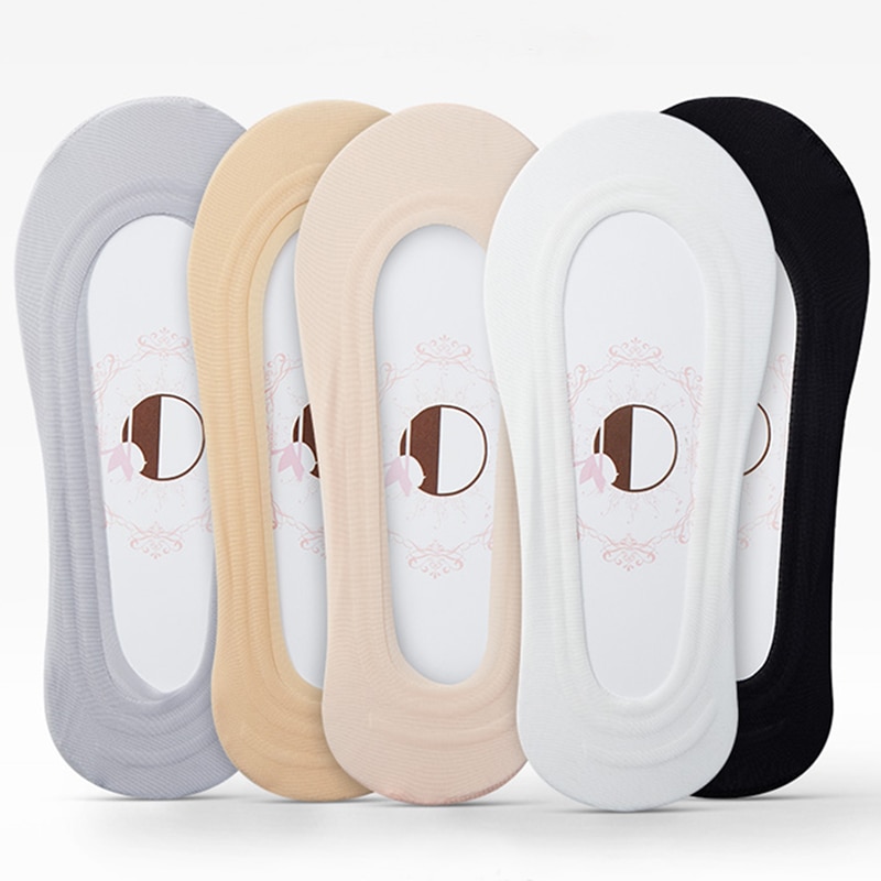 5Pairs Women Summer Thin Sock Slippers Silicone Non-slip Ice Silk No Show Socks Seamless Invisible Ladies Low Cut Boat Socks