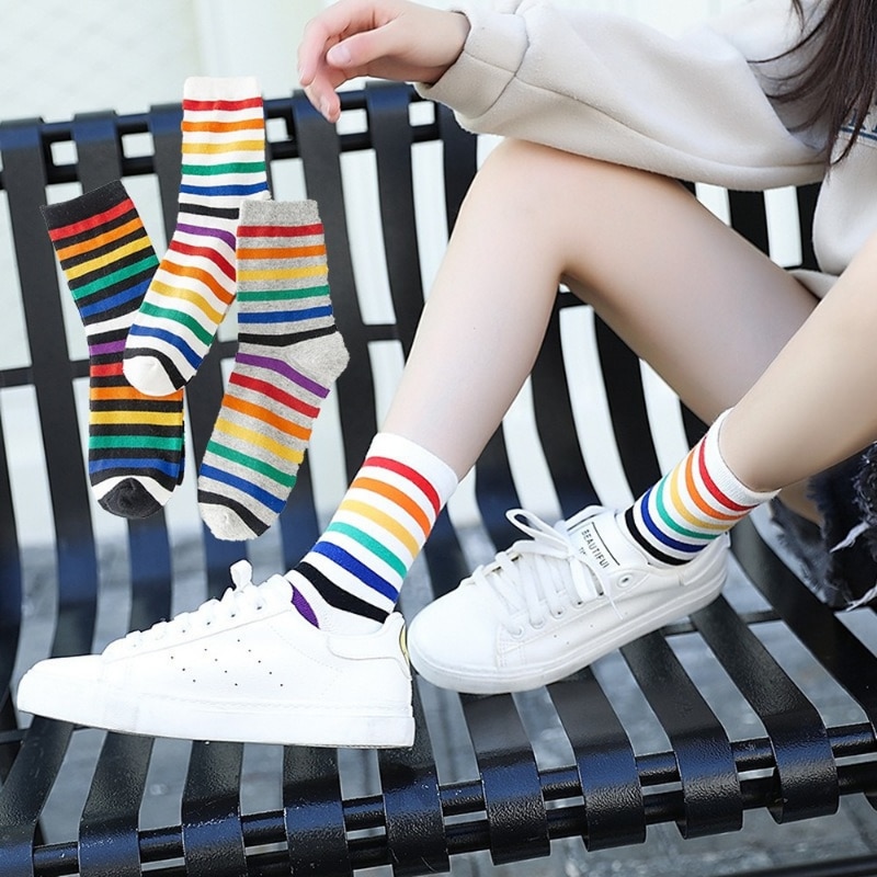 New Fashion Casual Rainbow Striped Cartoon Cotton Socks Japanese Colorful Breathable Campus Style Tube Women Socks Dropshipping