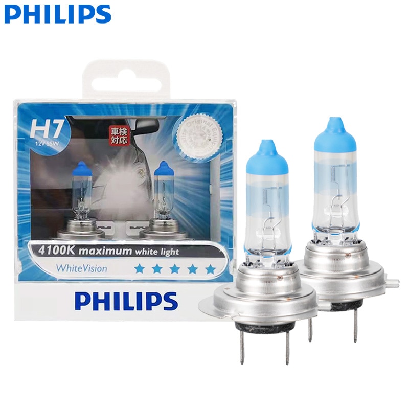 Philips WhiteVision H7 12V 55W 4100K White Light +40% Bright Car Headlight Genuine Auto Bulbs Halogen Lamps 12972WHVS2, Pair