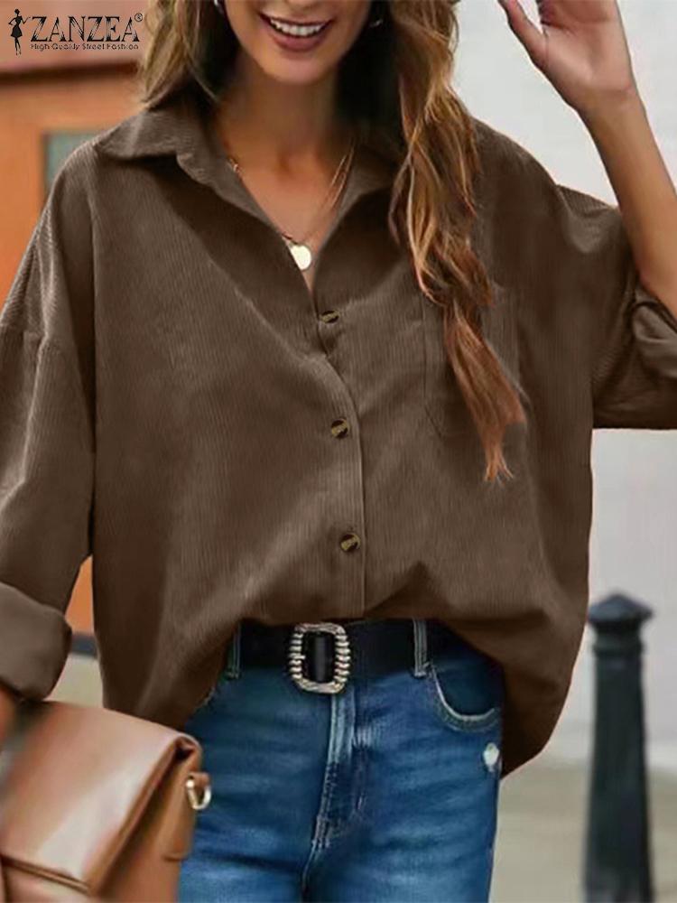 Spring Lapel Neck Long Sleeve Blouse ZANZEA Women Fashion Solid Corduroy Shirt Elegant Buttons Down Blusas Casual Work Top Tunic
