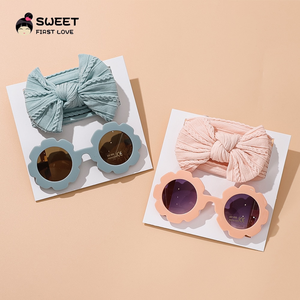 2Pcs/Set Cute Flower Sunglasses And Solid Elastic Bow Headband For Baby Girls Headwear Kids Hair Accessories