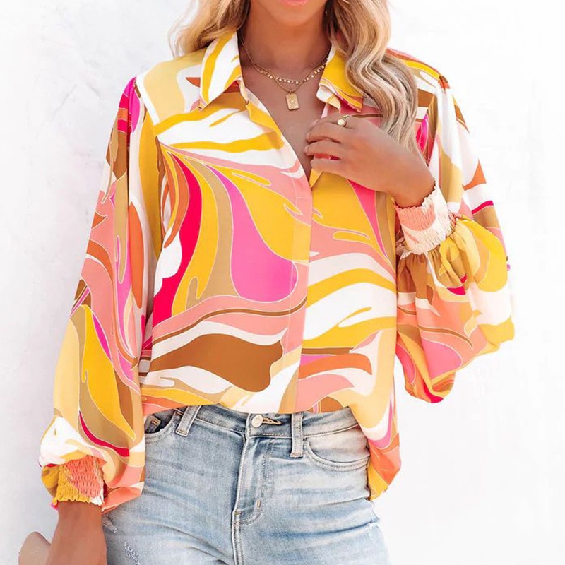 New Printed Lantern Sleeve Blouses Lapel Cardigan Single-breasted Casual Shirt Female Loose Casual Pullover Streetwear Blusa Top