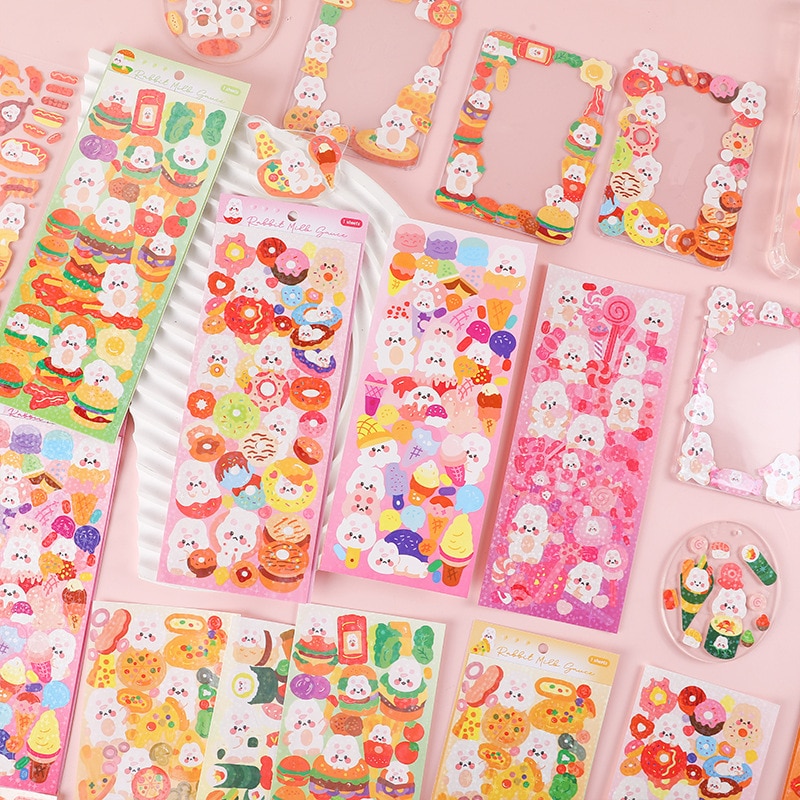 MOHAMM 1 Sheets Cute Rabbit Food Stickers PVC Waterproof Cute Cartoon Hand Tent Laser Material