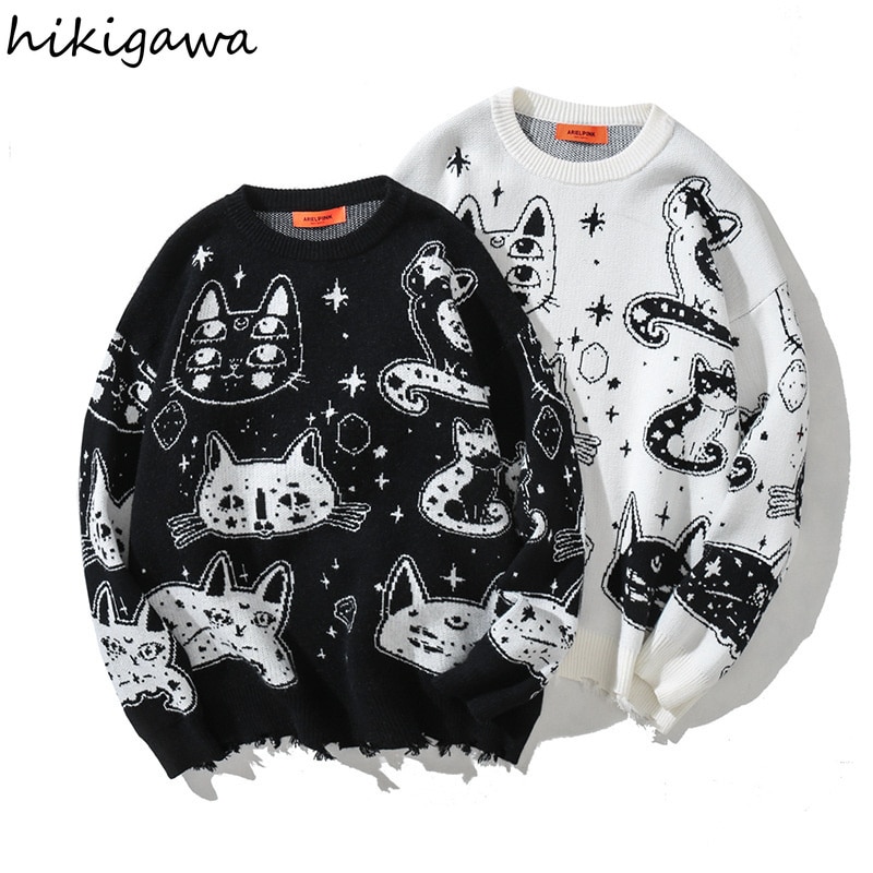 Hikigawa Sweater Women Korean Fashion Knit Pullovers Jacket Oversize Black Sweaters Streetwear Hip Top Tops Cartoon Print Jumper