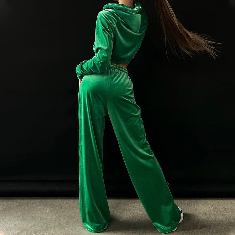 Autumn And Winter Women's Fashion Long-sleeved Hooded Sweater Gold Velvet Casual Pants Jacket Solid Color Two-piece Set