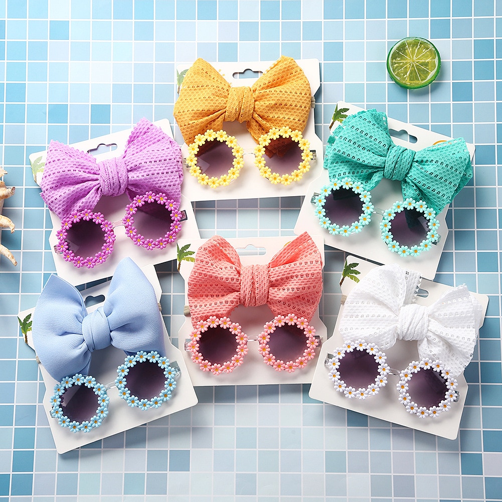 2Pcs/Pack Kids Headwear + Sunglasses Girls Summer Bows Headband Fashionista Birthday Gift Princess Baby Hair Accessories kawaii