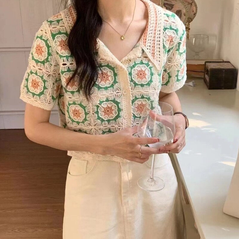 Women Cropped Cardigan Top Short Sleeve Mini Jackets Summer Crochet Knit Embroidery Geometric Button Down Loose Shirts