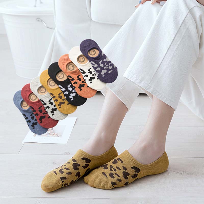 Women's Leopard Socks Summer Silicone Non-slip Short Cotton Socks All-match Low Cut Socks Funny Female Boat Socks Cute Sock