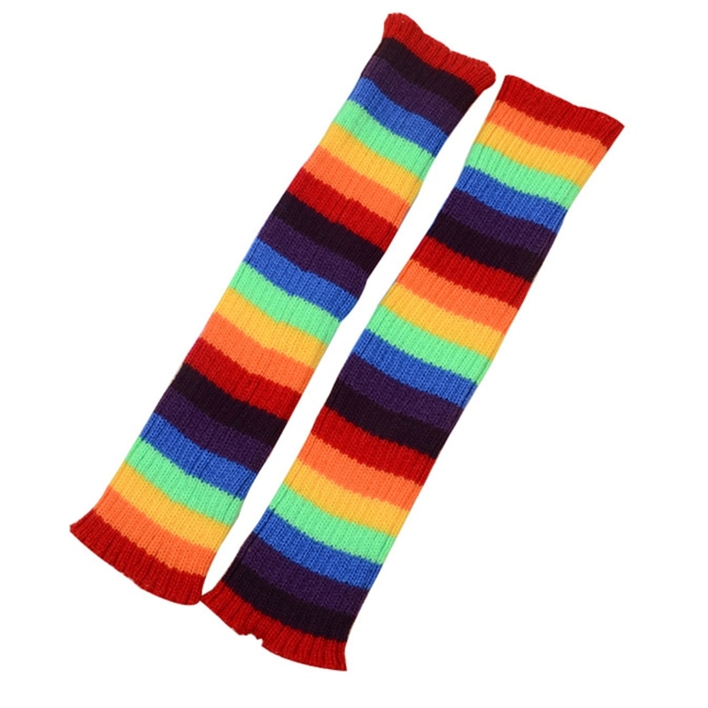 652F Korean Women Student Knit Leg Warmers Crochet Ribbed Rainbow Striped Boot Cuffs Cover Calf Socks Stockings